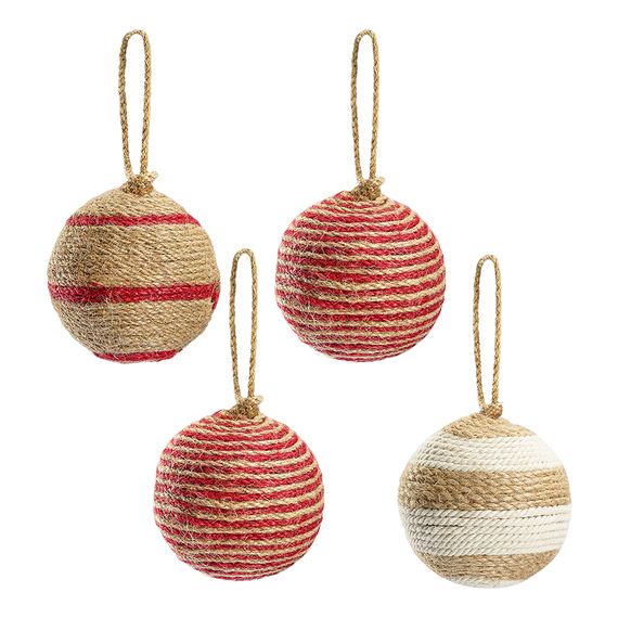 Набор елочных шаров Funky stripes из джута и картона из коллекции New Year Essential, 4 шт., Tkano